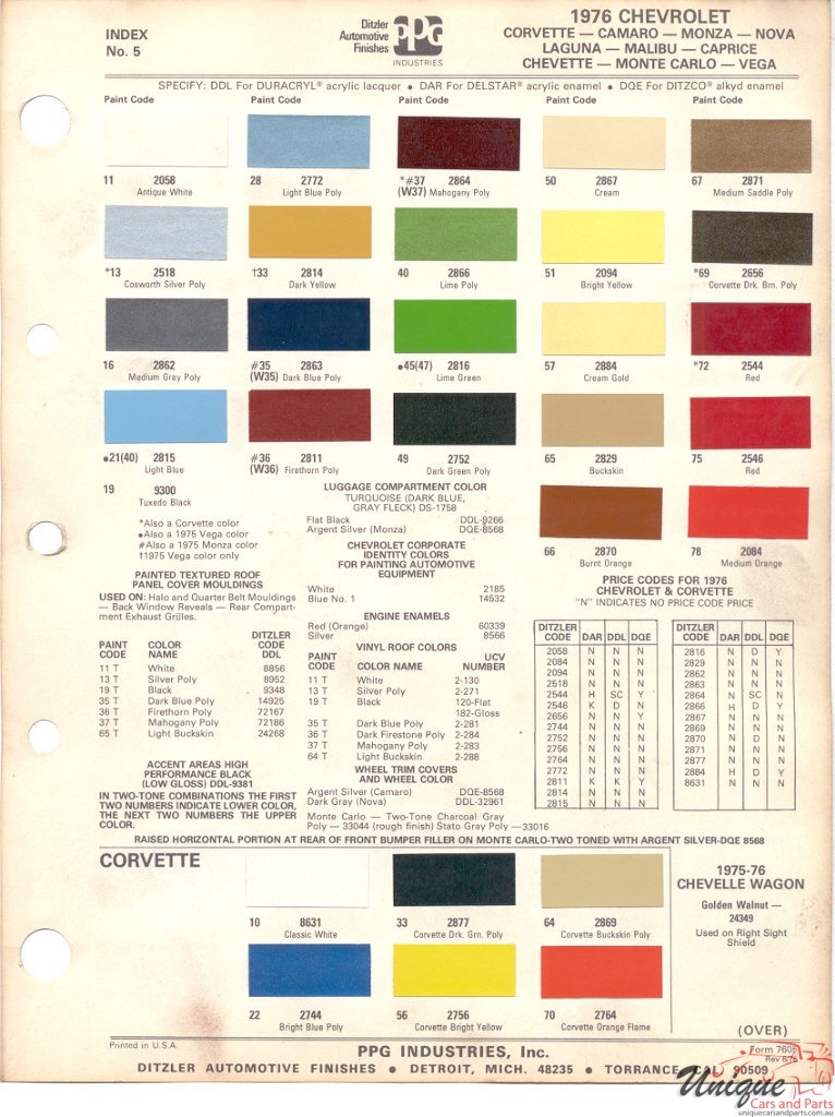 1976 Chev Paint Charts PPG 1